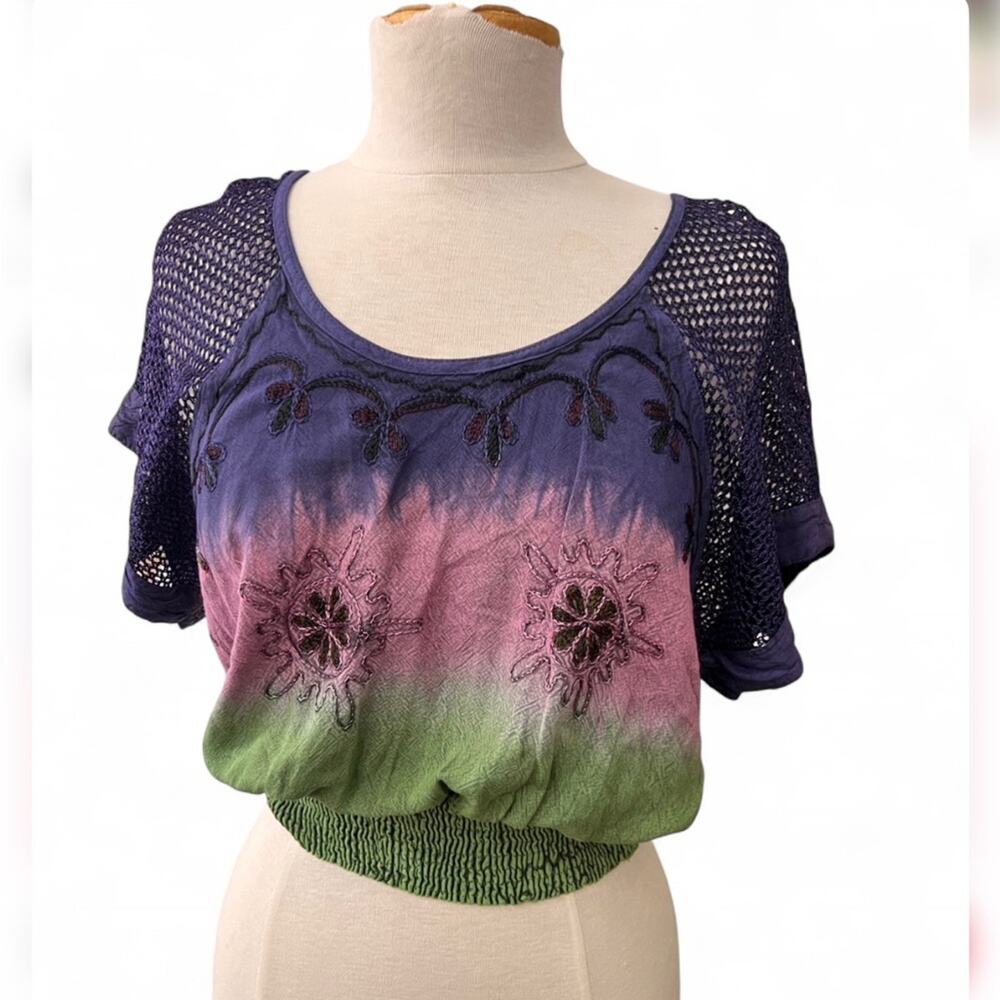 Sacred Threads Boho Tie Dye Embroidered Crop Top OS Purple and Green NWT